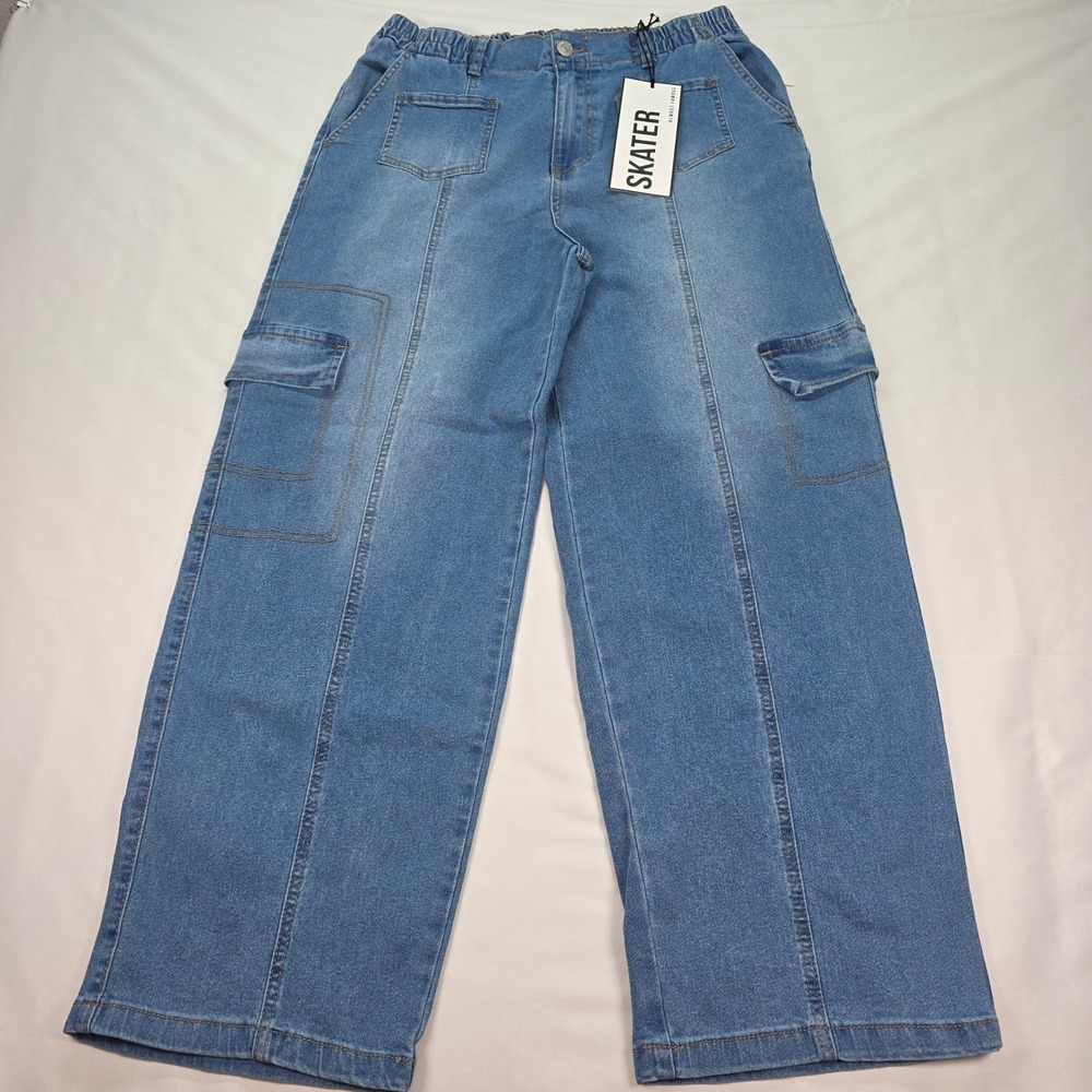 Almost Famous Skater Cargo Jeans Blue Wide Leg Elastic‎ Waist XL NWT